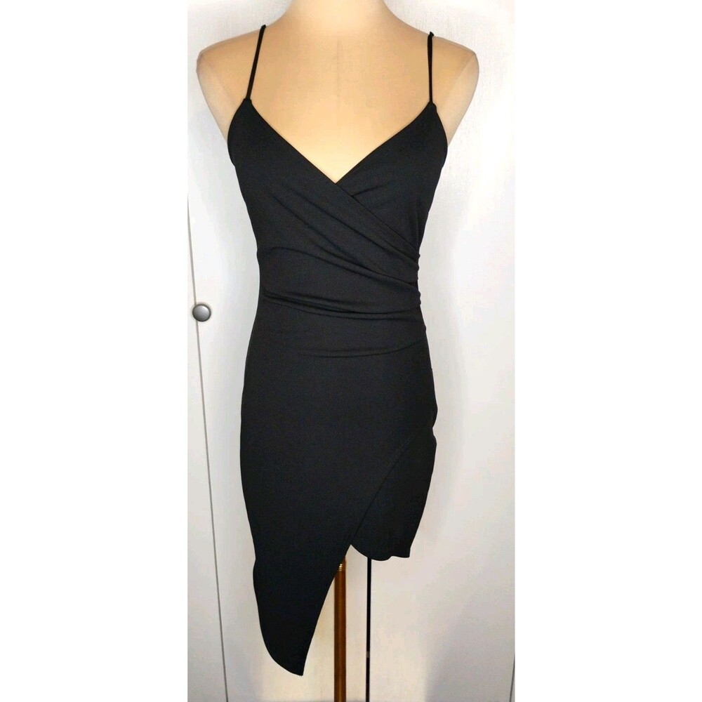 Blue Blush Black V-Neck Strappy Asymmetric Stretch Bodycon Dress Sz S